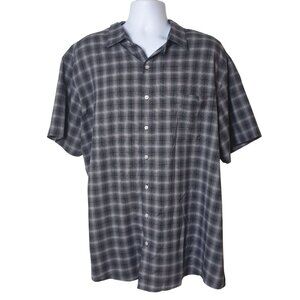 HB Mens Button-Up Shirt 1XL Blk Gray Wht Plaid Short Sleeve Pocket Cotton Blend